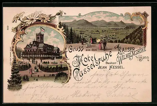 Lithographie Bonn, Kaiser-Wilhelm-Höhe, Hotel Casselsruhe, Panorama