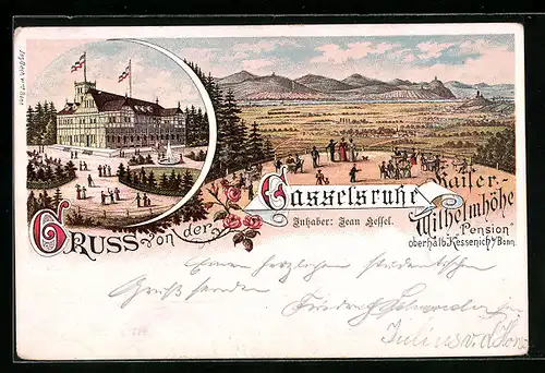 Lithographie Bonn, Kaiser-Wilhelmshöhe oberhalb Kessenich, Pension Casselsruhe, Panorama