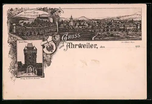 Lithographie Ahrweiler, Teilansicht, Calvarien-Berg, Stadt-Tor