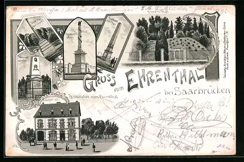 Lithographie Ehrenthal bei Saarbrücken, Restaurant zum Ehrenthal, Denkmal 39 er, Denkmal der 40 er