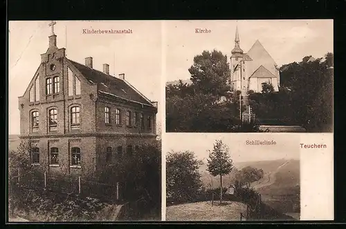 AK Teuchern, Kinderbewahranstalt, Kirche, Schillerlinde