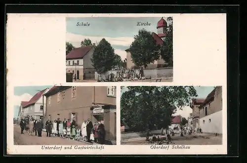 AK Schelkau, Unterdorf und Gastwirtschaft, Schule und Kirche, Strassenpartie im Oberdorf