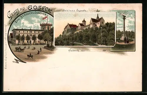 Lithographie Goseck, Gasthaus Zum Bergschlösschen, Schloss Goseck, Krieger-Denkmal