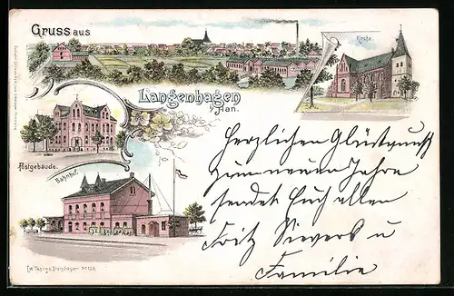 Lithographie Langenhagen i. Han., Postgebäude, Bahnhof, Kirche