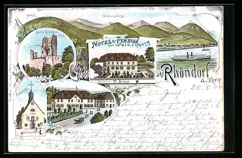 Lithographie Rhöndorf a. Rhein, Hotel & Pension zur Wolkenburg, Ruine Drachenfels