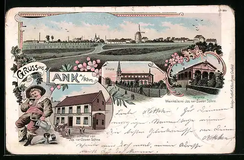 Lithographie Lank a. Rhn., Kirche, Veranda Weinkellerei Jos. van Söhne