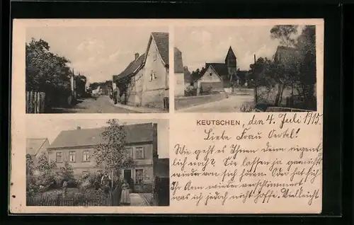 AK Keutschen, Gasthaus, Strassenpartie mit Kirche