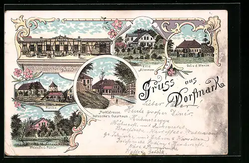 Vorläufer-Lithographie Dorfmark, 1893, Villa Allermann, Marktstrasse Gotzsche`s Gasthaus, Bahnhof