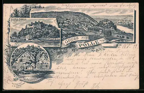 Lithographie Polle a. W., Burg Polle, Teufelsmühle