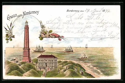 Lithographie Norderney, Gasthaus und Turm