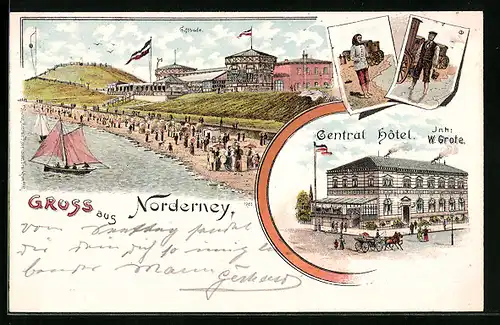 Lithographie Norderney, Central Hotel von W. Grote, Strand mit Booten