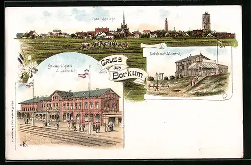 Lithographie Borkum, Bahnhof`s Hotel, Dabelstein`s Elisenruh