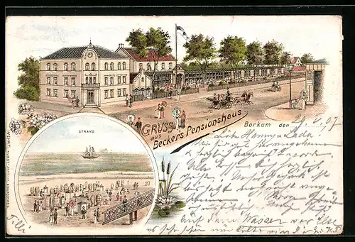 Lithographie Borkum, Becker`s Pensionshaus, Strand