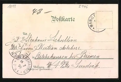 Lithographie Wangeroog, Ortsansicht mit Turm und Kirche