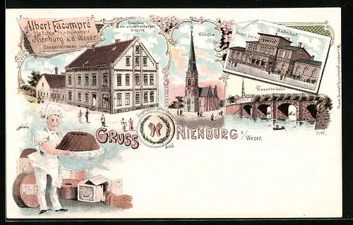 Lithographie Nienburg a. Weser, Bahnhof, Weserbrücke