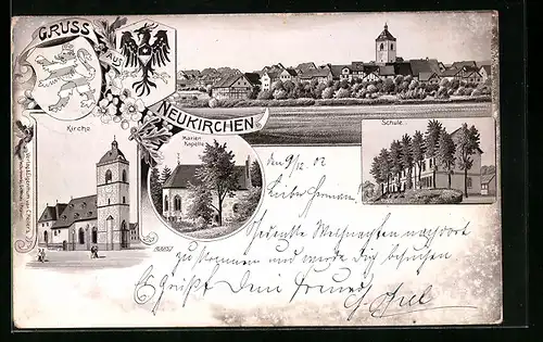 Lithographie Neukirchen, Schule, Kirche, Marien Kapelle