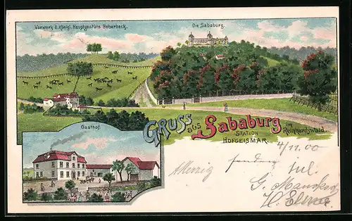 Lithographie Sababurg im Rheinhardswald, Gasthof, Vorwerk d. Königl. Hauptgestüts Beberbeck