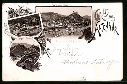 Vorläufer-Lithographie Altenahr, 1894, Burg mit weissem Kreuz, Bahnhof