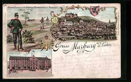 Lithographie Marburg a.d. Lahn, Teilansicht, Jäger-Bataillon Königin Margherita v. Italien, Jäger-Kaserne