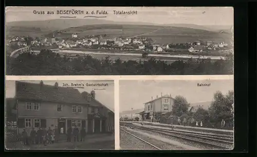 AK Beiseförth a. d. Fulda, Totalansicht, Joh. Brehm`s Gastwirtschaft, Bahnhof