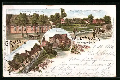 Lithographie Wolthausen i. Lüneburger-Haide, Gastwirtschaft Lüssmann, Mühle