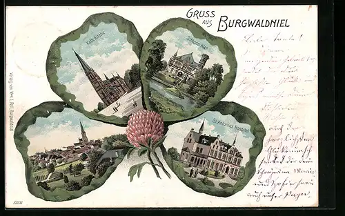 Lithographie Burgwaldniel, Kath. Kirche, Schloss Klee, St. Antonius Hospital