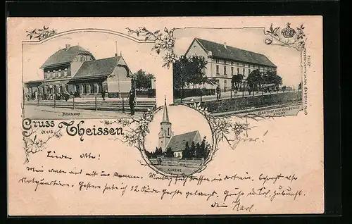 AK Theissen, Bahnhof, Gasthof zur goldenen Krone, Kirche