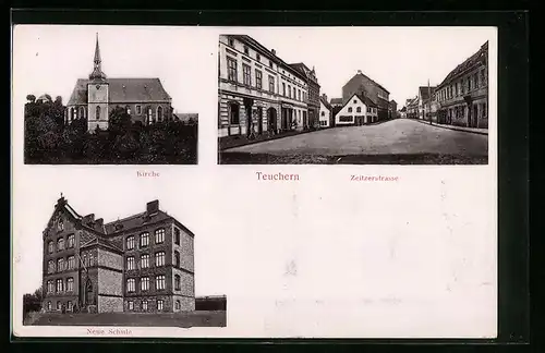 Relief-AK Teuchern, Kirche, Zeitzerstrasse, Neue Schule
