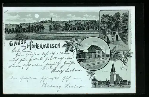 Mondschein-Lithographie Hohenmölsen, Totalansicht, Kaisergarten, Bahnhof und Altmarkt