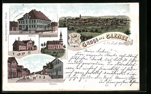 Lithographie Clenze, Ortsansicht mit Kirche und Strasse