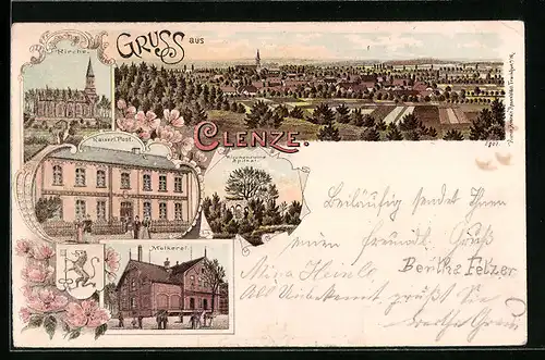 Lithographie Clenze, Totalansicht mit Kaiserl. Post, Molkerei, Kirche