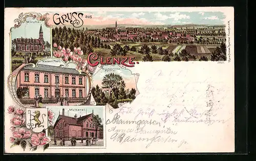 Lithographie Clenze, Ortsansicht mit Kirche und Kaiserl. Post
