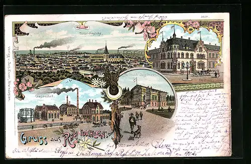 Lithographie Rheindahlen, Gasanstalt, Hellbach-Jagdhaus, Rathaus