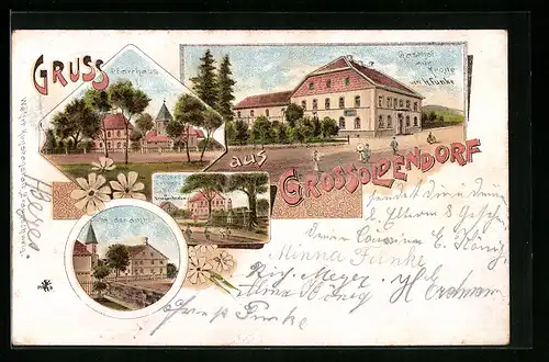 Lithographie Grossoldendorf, Gasthof zur Krone, Pfarrhaus, Standesamt