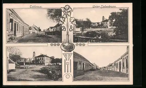 AK Unter-Siebenbrunn, Strassenpartie mit Geschäft, Ortspartie mit Kirche, Strassenpartie mit Gebäudeansicht