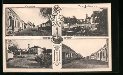 AK Unter-Siebenbrunn, Strassenpartie mit Geschäft, Ortspartie mit Kirche, Strassenpartie mit Gebäudeansicht