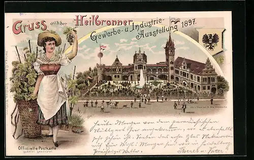 Lithographie Heilbronn, Industrie-Gewerbe u. Kunstausstellung 1897, Trachtendame bei der Weinernte