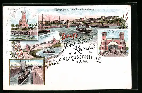 Lithographie Holtenau, Kieler Ausstellung 1896, Nord-Ostsee Kanal, Kanalmündung, Facade der Hochbrücke, Schleuse