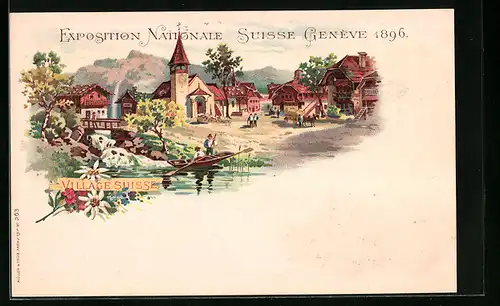 Lithographie Genève, Exposition Nationale 1896, Village Suisse