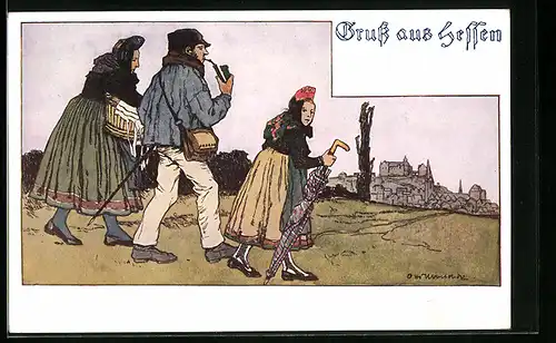 Künstler-AK Otto Ubbelohde: Familie in hessischer Tracht