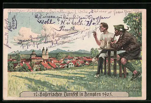 Künstler-AK Kempten, 12. Bayerisches Tunfest 1905, Zwei Männer trinken Bier, PP15C76 /01, Ganzsache Bayern