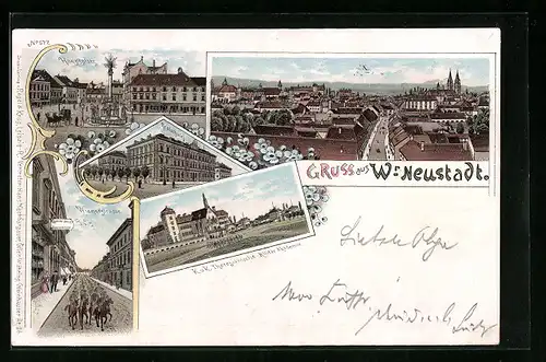 Lithographie Wr. Neustadt, Wienerstrasse mit Geschäft von Eduard Baur, Realschule, Hauptplatz