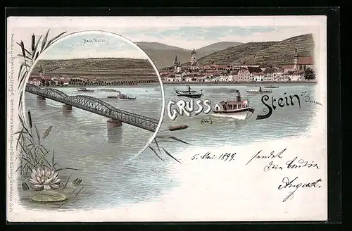 Lithographie Stein a. Donau, Uferpartie mit Dampfern, Neue Brücke