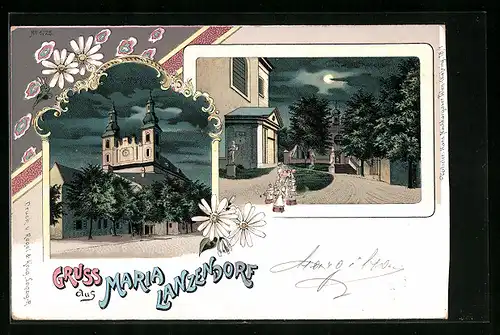 Lithographie Maria Lanzendorf, Kirche bei und Prozession bei Mondschein