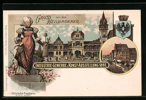 Lithographie Heilsbronn, Industrie-Gewerbe- u. Kunst-Ausstellung 1897, Ausstellungshalle, Ortspartie mit Strassenbahn