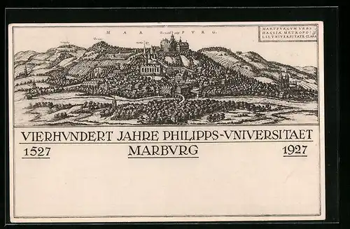 Künstler-AK Marburg, Vierhundert Jahre Philipps-Universität 1527-1927, Teilansicht, PP101C5 /01, Ganzsache