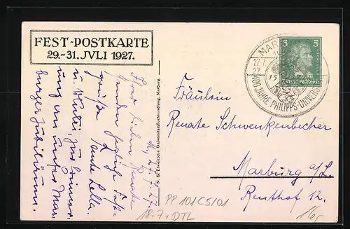 Künstler-AK Marburg, Vierhundert Jahre Philipps-Universität 1527-1927, Teilansicht, PP101C5 /01, Ganzsache