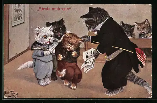 Künstler-AK Arthur Thiele: Lehrer zieht Katzenkind am Ohr