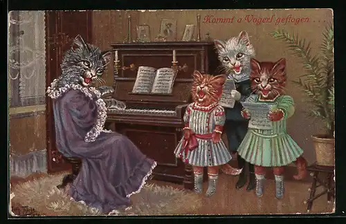 Künstler-AK Arthur Thiele: Kommt a Vogerl geflogen..., Katze am Klavier mit Katzenkindern