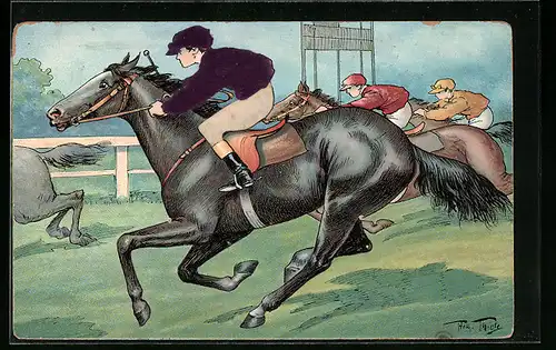 Präge-Künstler-AK Arthur Thiele: Jockeys auf Pferden bei einem Rennen
